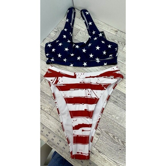Blooming Jelly S 2pc Bikini Swimsuit Sporty Cut High Waisted American Flag NEW - Picture 9 of 13